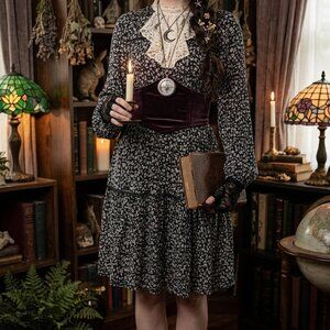 Dark Floral Black White Tunic Tiered Dress Western Witchy Spring Festival M